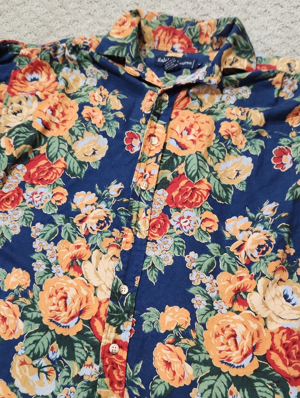 Ralph Lauren Floral Print Button-Up Shirt Navy with Yellow & Red Flowers Size 8 - Picture 7 of 16